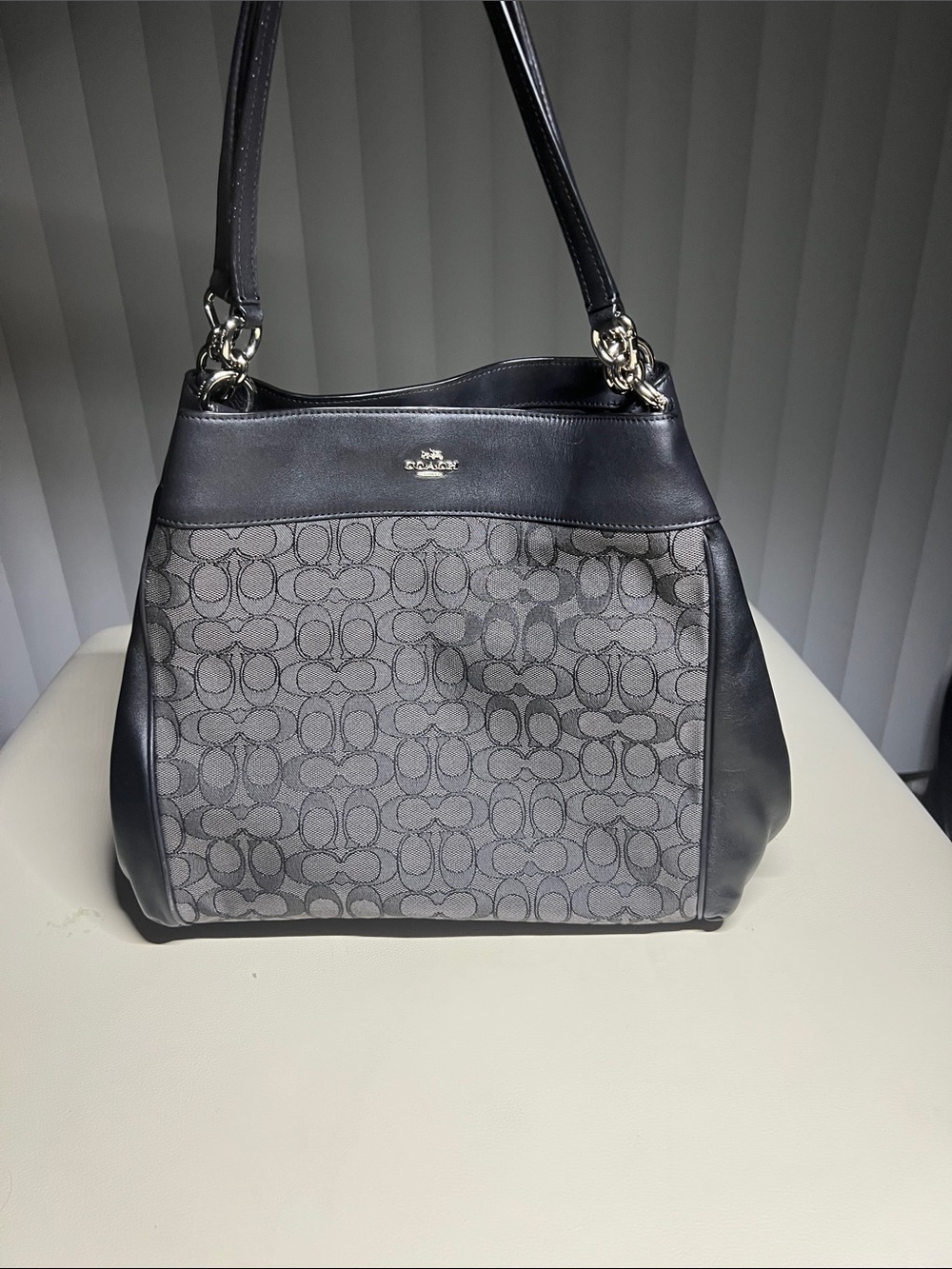 Coach Gray Signature Canvas Shoulder Bag with Black Trim